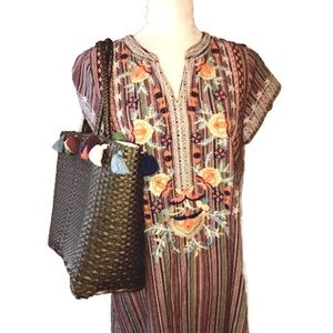 Sz S Savanna Jane Serape Striped Mexican Embroidered Floral Shift Dress